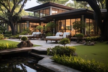 Fototapeta na wymiar Elegant house, The home on a tropical lawn.