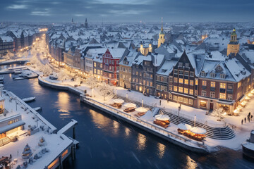 Aerial photography of Nyhavn, copenhagen in snowy winter, beautiful architecture, stunning view, city lights  at blue hour - obrazy, fototapety, plakaty