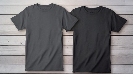 Two black T-shirts one size on a one color background. Mock up. Blank for creating promotional products with prints and logo