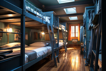 Hostel dormitory beds arranged in dorm room with white plain bunk bed in dormitory.Hotel dormitory have many beds arranged in one room. Clean hostel small room with wooden bunk beds. - obrazy, fototapety, plakaty