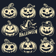 Vintage Pumpkin vector set for halloween event on indigo background 