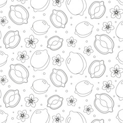 Seamless coloring pattern with whole lemons cut in half, flowers, different circles on white background