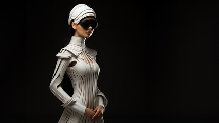 Fototapeta na wymiar Laufsteg Model Frau mit futuristischen Outfits in weiß aus Kunststoff und Leder in abstrakten Vogue Stil, ai generativ