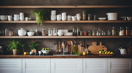 small space organize wooden simple storage shelf in kitchen pantry area home interior design concept house beautiful creative background
