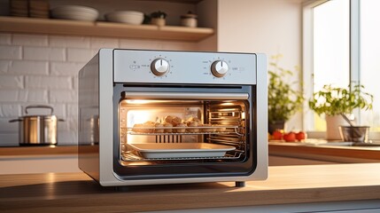 closeup oven microwave on wooden partry counter top home interior detail background kitchen room interior