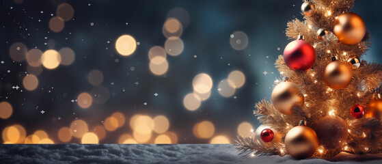 Christmas background with christmas tree, bokeh lights and snow