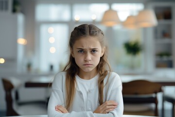Portrait of a little sullen girl in a home setting, folding her arms and frowning eyebrows. Cute little girl is upset and offended. Beautiful child expresses negative emotion with face and pose.