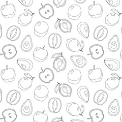 Seamless coloring pattern with avocados, apples, limes, kiwis whole, cut in half, flowers, different circles on white background
