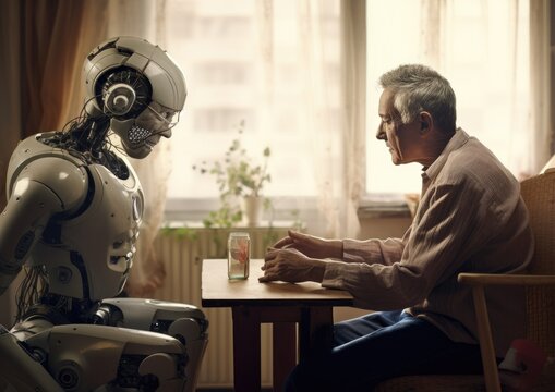caregiver robot using artificial intelligence standing holding hands of elderly at care home center, Generative Ai