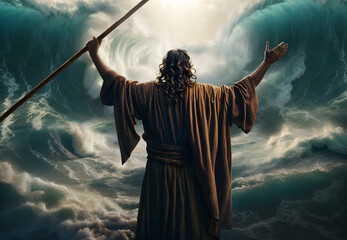 Moses parting the red sea conceptual biblical scene. Religious theme. - obrazy, fototapety, plakaty