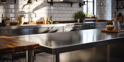 Moder interior design of a kitchen. Stainless steel and white tiles.