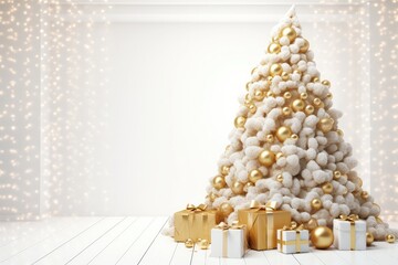 Golden Christmas Tree decorated with a big toy balls on white wall and present gift boxes.