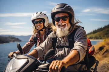 Naklejka premium Happy senior couple in safety helmets and vests riding jet ski on a lake or along sea coast. Active elderly people having fun on water scooter. Retired persons lead active lifestyle and travel.