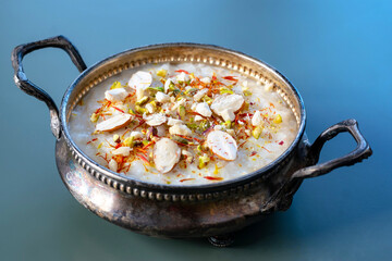 Kheer, also known as payasam, is a popular Indian pudding that is usually prepared by boiling milk, sugar or jaggery and rice.