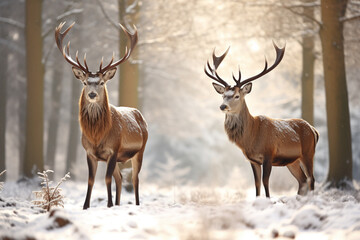 Deer in the national park in the forest in winter. Two deer stand on the edge of a winter forest and survive the winter. Generative AI