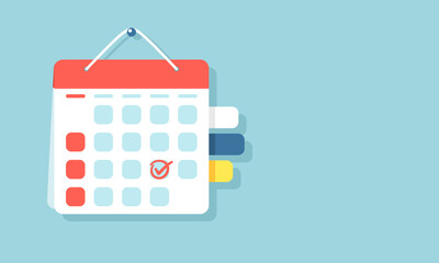 Red pen marks the date, holiday, priority, important, reminder day on hanging calendar concept on a blue background. Vector illustration flat design for banner and poster.
