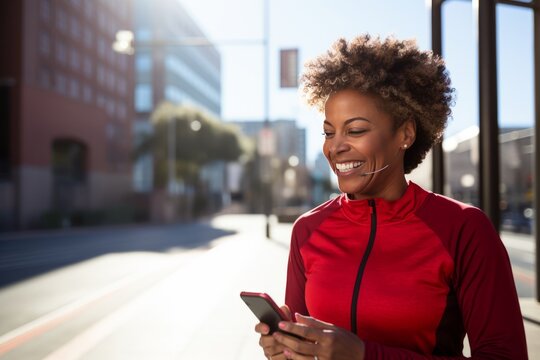 Sporty mature African American woman in sports outfit with smartphone while training outdoor. Slender black lady resting after jogging or walking in city street. Active lifestyle in urban environment.