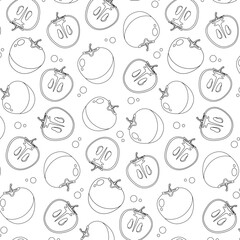 Seamless coloring pattern with persimmon whole, cut in half, leaves, different circles on white background