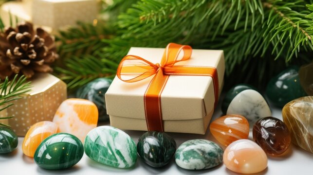 Gemstone Healing Crystal Christmas Gifts. Many Healing Crystals and gift box with Christmas decor. Authentic Gemstones and Crystals Xmas Sets
