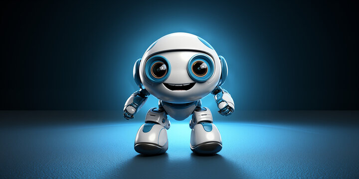 Roboter Männchen Cartoons als Figur mit süßen großen Augen und blau mit weißen Farben lacht im Querformat für Banner, ai generativ