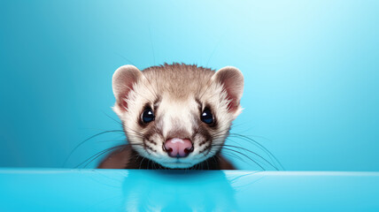 Advertising portrait, banner, brown gray ferret, looks out, isolated on blue background