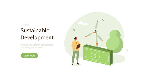 
Sustainable development, economy, climate change concept. Carbon credits or offset. Benefits of green industry, low carbon economic, natural resources usage. Flat vector illustration.