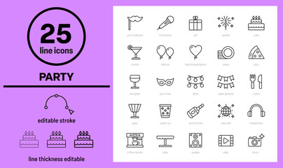 party icons, celebration icon, birthday, discotheque, holidays, event, carnival, New Year's Eve, vector illustration, line with editable stroke, special occasion icon set, partying symbols