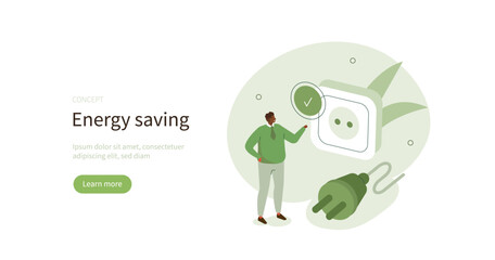 Energy saving management, conservation, efficiency concept. Electricity consumption reduction. Benefits of switch off or unplug electrical appliances. Flat vector illustration.