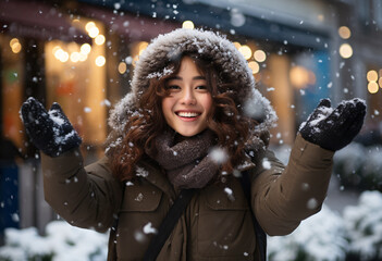 An attractive young Asian woman in dark brown furry winter coat standing outside catches snow with her hands on street with contented smile  - obrazy, fototapety, plakaty