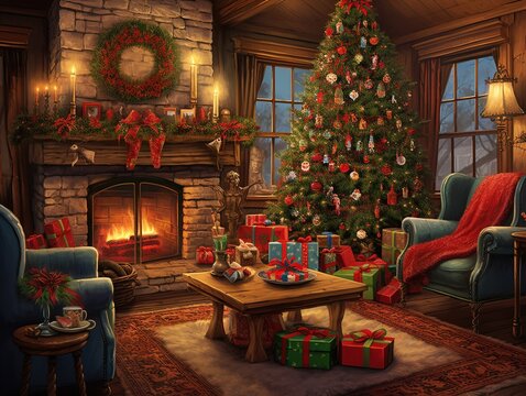 An oil painting of a cozy vintage living room adorned with retro Christmas decorations