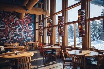 Fototapeta na wymiar Restaurant interior on ski resort in Nordic style.