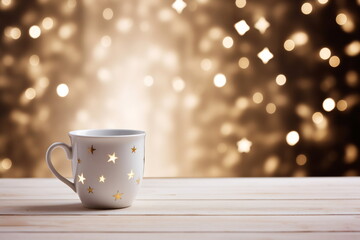 A cup of hot drink with steam against golden bokeh background