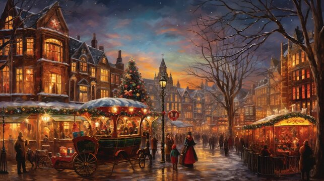 An oil painting of a bustling vintage Christmas market, with stalls and people,  antique buildings and flickering string lights, capturing the festive spirit of a retro holiday fair