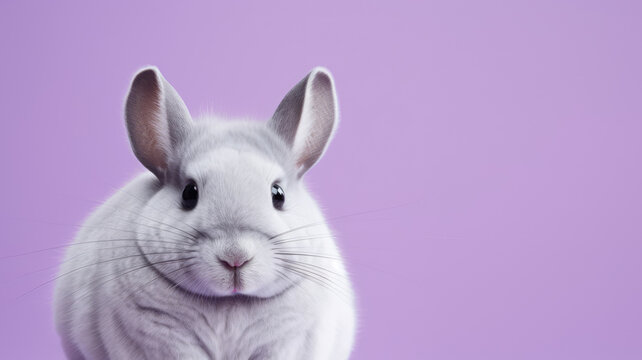 Advertising portrait, banner, funny gray color wool chinchilla, looks straight, isolated on pink background