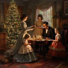 An oil painting of a Victorian-era family in elegant attire decorating a lavishly adorned Christmas tree in their vintage parlor