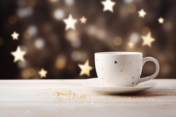 Fototapeta premium A cup of hot drink with steam against golden bokeh background