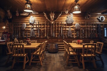 Fototapeta na wymiar Restaurant interior on ski resort in Nordic style.