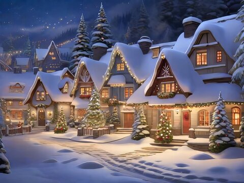 Un acogedor pueblo cubierto de nieve con luces parpadeantes y coronas festivas que adornan cada casa