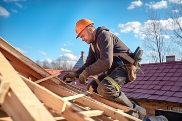 Middle-aged Caucasian man is working on the construction of a wooden frame house. Male roofer is in the process of strengthening the wooden structures of the roof of a house.