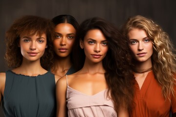 Obraz premium Half-length portrait of four cheerful young diverse multiethnic women. Female friends smiling at camera while posing together. Diversity, beauty, friendship concept. Isolated over grey background.