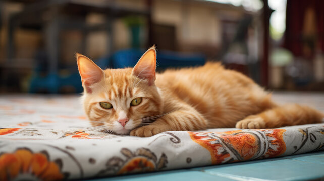 Animal shot of a young redhead cat lies on a mat in a shelter. Straight look with yellow eyes