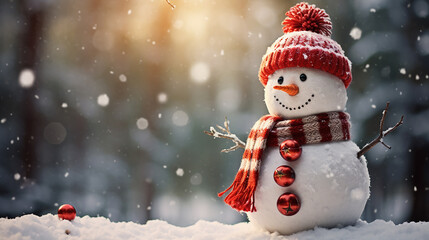 boneco de neve feliz em cena de inverno  - obrazy, fototapety, plakaty