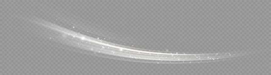 A transparent light effect with a curved and wavy surface. White sparkles sparkle with their light effect. Bright white lines. Abstract lines of movement. Light trace wave.