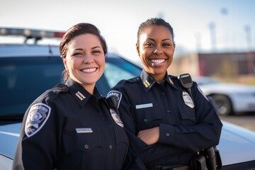 Female African American police officer and white police officer stand together. African American cop with white cop pose. African American with European colleague pose against police car before shift