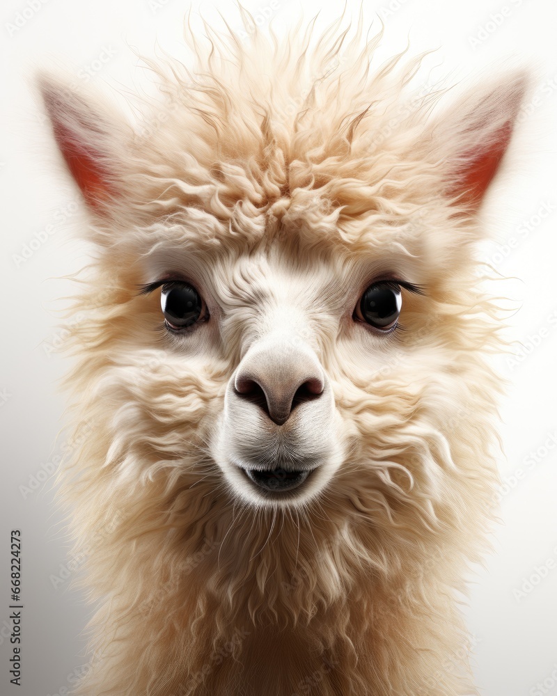 Poster a close up of a llama's face with a white background. generative ai