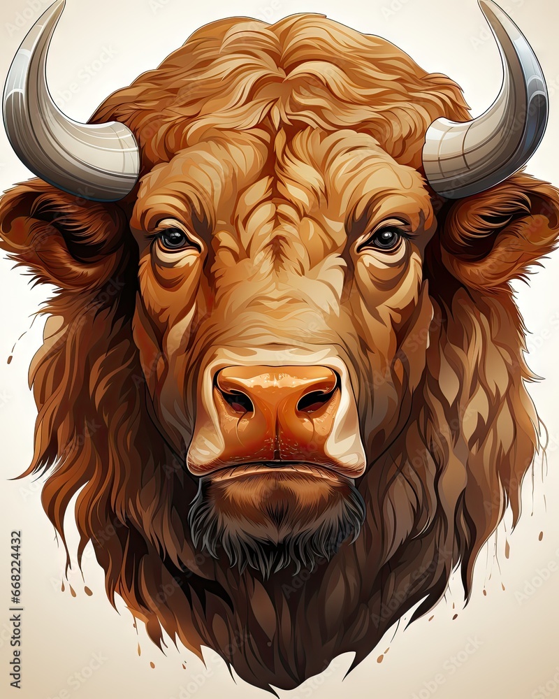 Poster a bison with horns and a beard is shown in a digital painting style. generative ai