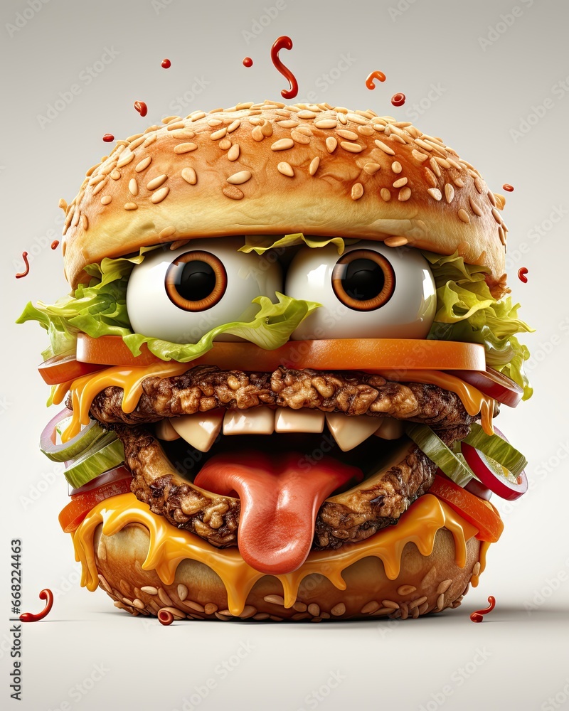 Poster a hamburger with eyes and a hamburger bun with cheese and lettuce. generative ai