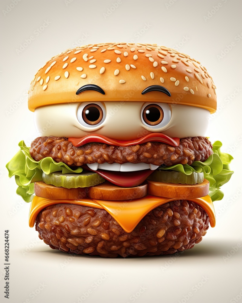 Aufkleber a hamburger with eyes and a hamburger bun with cheese and lettuce. generative ai