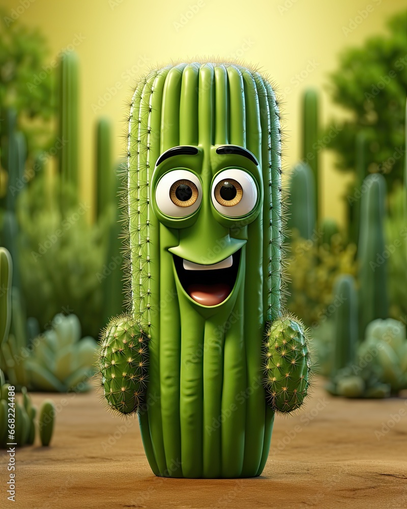 Poster a green cactus with a happy face in the middle of a desert. generative ai