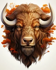 Foto op Plexiglas  a bison with long horns and orange leaves on its head.  generative ai © Oleg